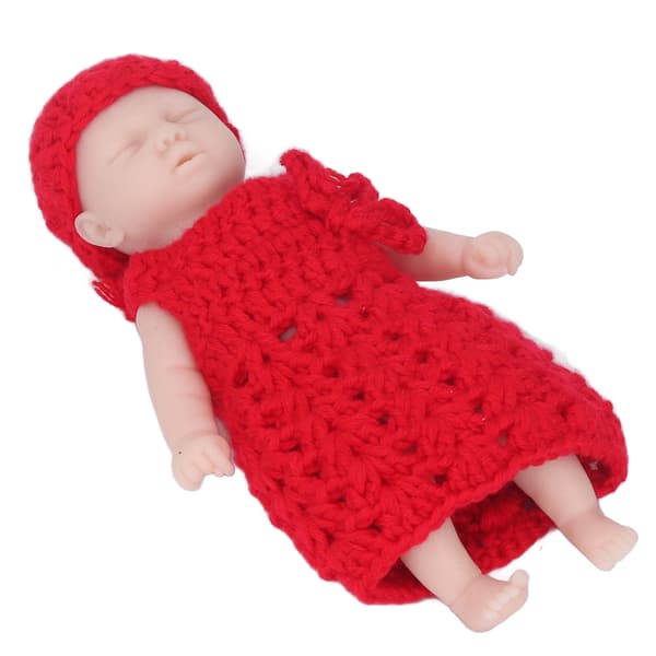 6 tommer simuleringsdukke med rød sweater, solid silikone nyfødt dukkelegetøj til over 3 år