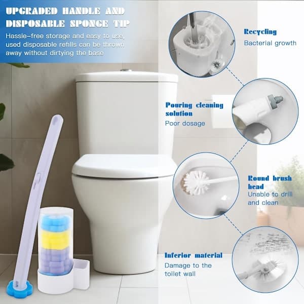 Toilet Brush Set (Includes 18 Replacement Heads), 360-Degree Deep Cleaning, with Wall-Mounted Holder, White