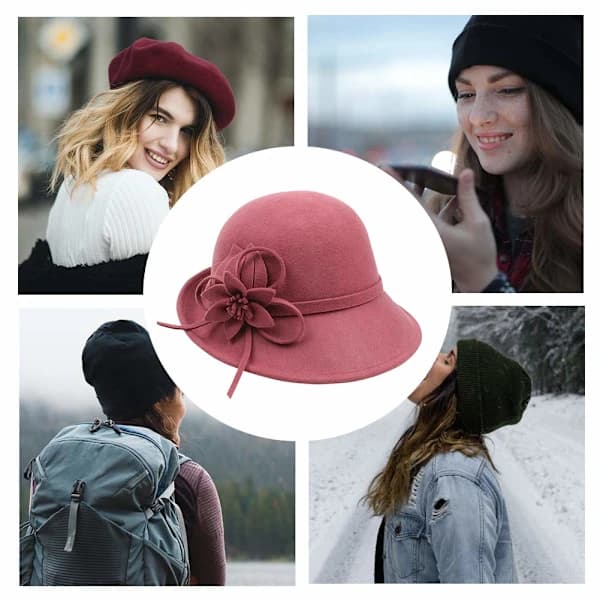 Vintage Damehat Retro Baskerhuer til Fest Rejse (Rosa)