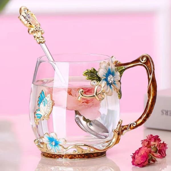 320 ml mugs, handmade glass coffee cups with spoons,