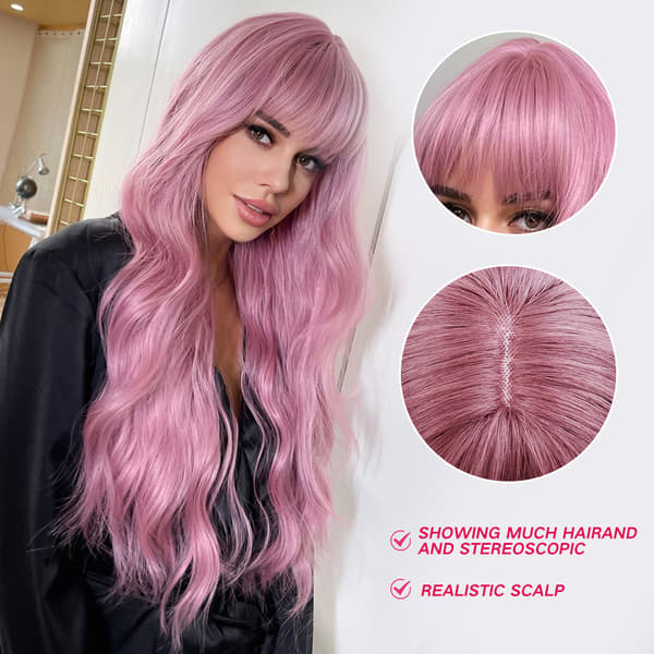 Long Pink Wig with Bangs, Natural Synthetic Hair, Wavy Wig for