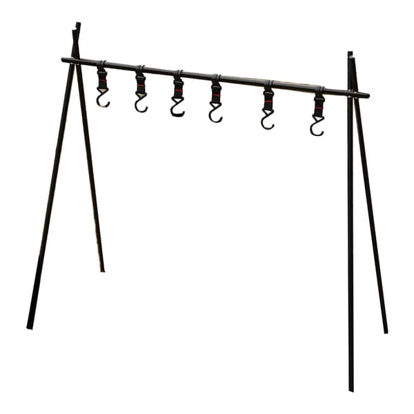 Camping Rack Aluminum Alloy Folding Triangular Shelf Foldable Hanging Organizer Stand for Outdoor Large Size with 6 Hooks Black
