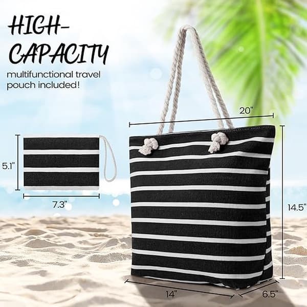 Large Capacity Canvas Beach Bag, Waterproof and Sandproof, Black and White Striped, Handbag