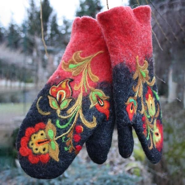Vinterhandsker til kvinder, julegave, modehandsker med broderede blomster, N (rød)