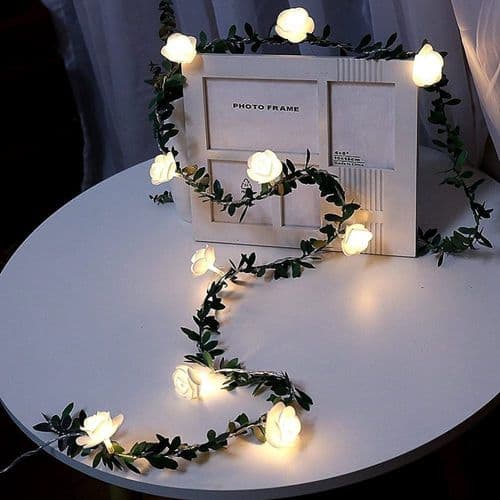 Rose Garland String Lights (3m, 20 LED) - Flower String Lights with Green Leaves