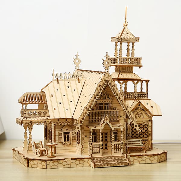 Retro villa, 3D-pussel, träleksaker, pedagogiska monteringsspel, DIY-kreativitet, batteri ingår ej