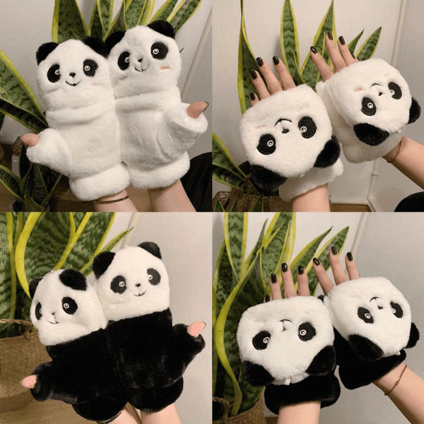 Panda-tema Plysj Flip Top Vanter - Stoff, Spandex & Polyester, Konvertible Vanter til Kvinder, Håndvaskbare Sort 2 Black 2