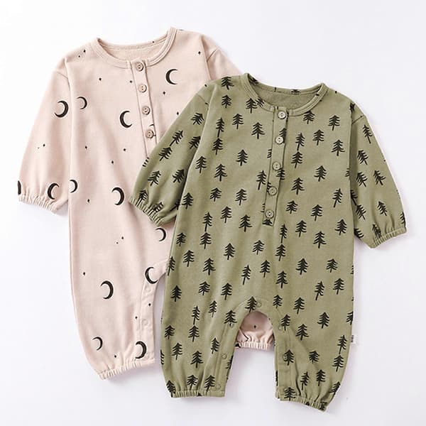 Bomuld Nyfødt Baby Romper Søde Trykte Tøj Langærmede Bodysuits Åndbart Nattøj Pyjamas til Baby Shower 73 måne 73 moon 73