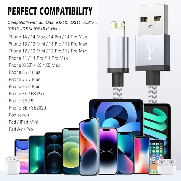 2-pack Ultralång Snabbladdnings-USB-kabel för iPhone 14 8 7 Plus 13 12 11 Pro Max XS XR 3A USB-laddare Datakabel Flätad kabel 2 st 3m 2PCS 3m