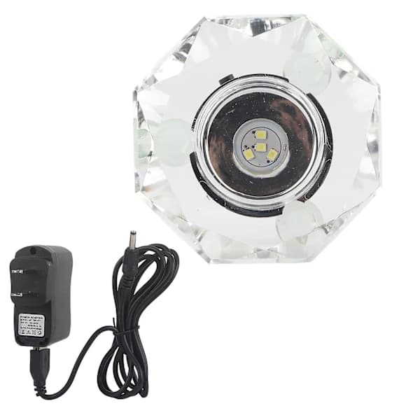 Klar LED-lampe, hvitt krystallglass, rund displaybase, stativ, med australsk adapter