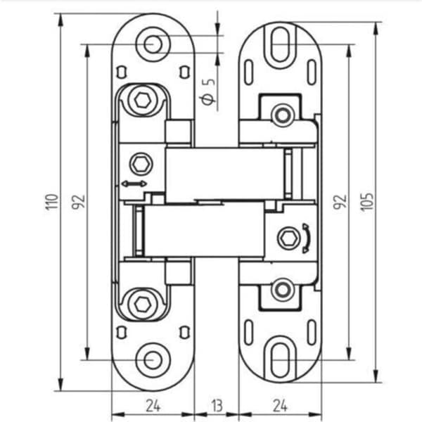 Invisible hinge for doors, Set of 2 invisible hinges for heavy doors, 40 kg load, 180º opening, zamak, black, from DEBUNS