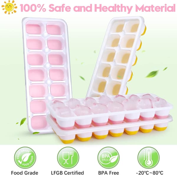 Silikonisbitsformar - 14 isbitar per form, spillskyddslock, stapelbara för frysen (4-pack, rosa)