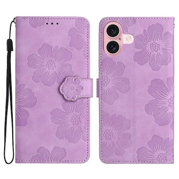 Læder Flip Wallet Etui med Kortlommer og Blomstermønster til iPhone 16