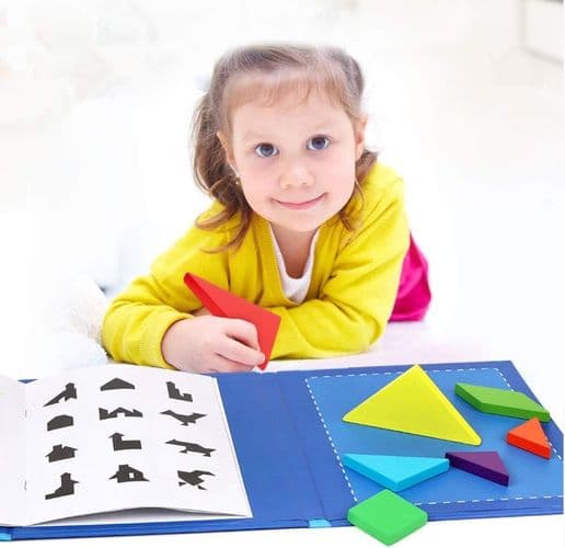 Tangram Magnetic Puzzle Book, Kids Geometric Block Solid Wood Puzzle
