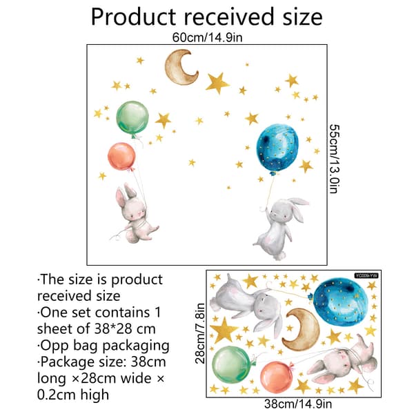 Small Rabbit Luminous Star Balloon Wall Sticker Cartoon Wall Decal Nursery Decorative Luminous Sticker