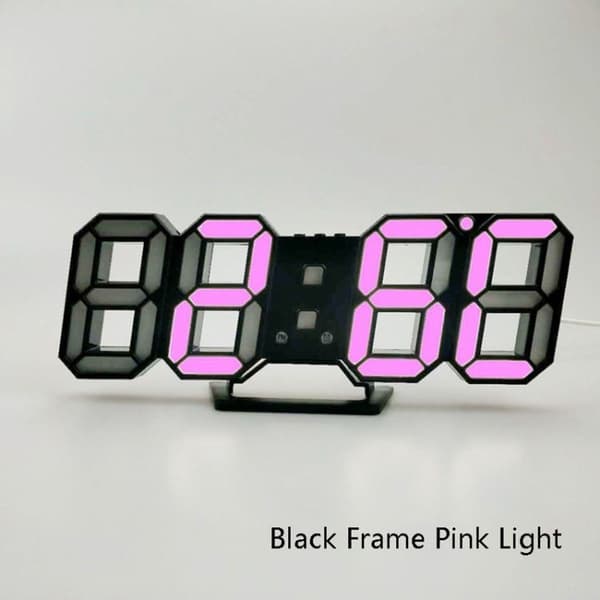 3D-stereo-LED-herätyskello olohuoneeseen, 3D-seinäkello, musta kehys, vaaleanpunainen valo