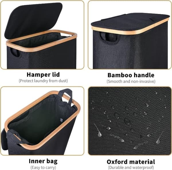 Laundry Basket with Lid - 100L Large Foldable Laundry Hamper with Bamboo Handles & Inner Bag_TF_TF White Vit