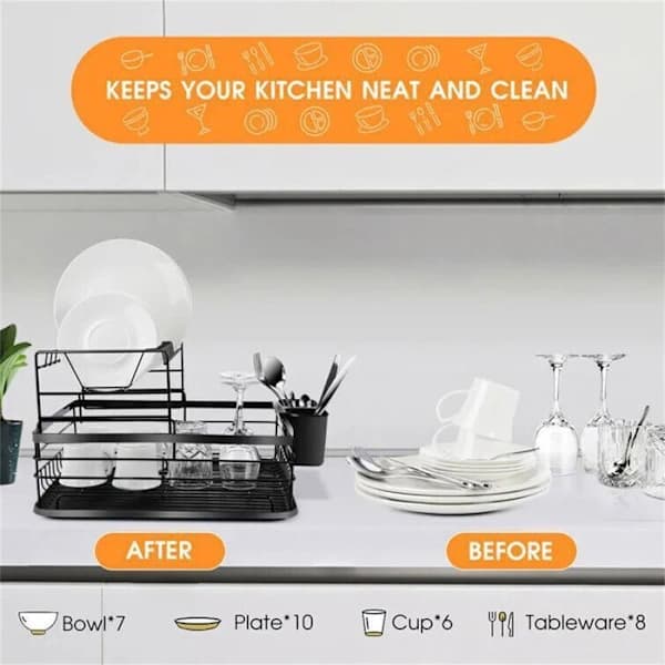 Dish rack, 2-tier stainless steel dish rack for kitchen with utensil holder, 43x32x27cm