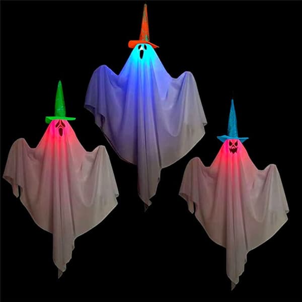 3 Hanging Ghost Decorations 70 x 65 cm, Halloween White Ghosts with Hats for Haunted House Graveyard Scene