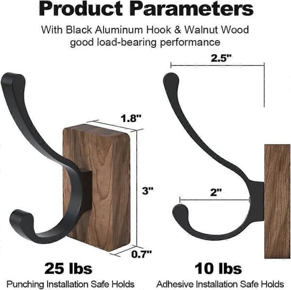 Walnut Wood Wall Hooks Set of 4 Self-Adhesive and Wall-Mounted Rustic Coat Hooks for Entryway Hall Brown Black