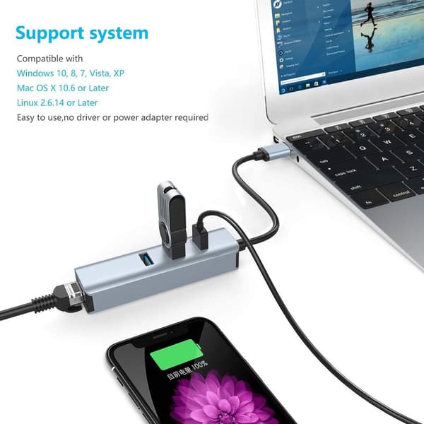 USB 3.0 til Ethernet-adapter, 3-ports USB 3.0-hub med RJ45