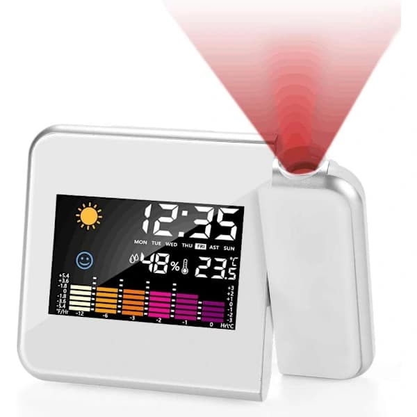 Projection Alarm Clock with Time Projector Weather Forecast Temperature Humidity Display for Bedroom Nightstand Silver