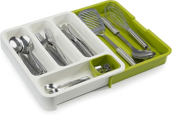 Expandable Cutlery Tray for Drawer, Adjustable Drawer Organizer - White/Green