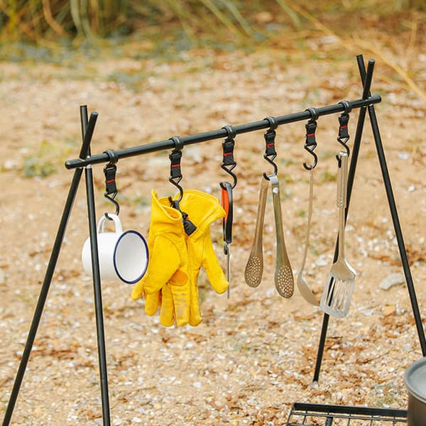 Camping Rack Aluminum Alloy Folding Triangular Shelf Foldable Hanging Organizer Stand for Outdoor Large Size with 6 Hooks Black
