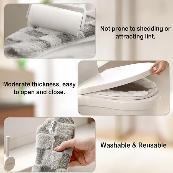 Washable Toilet Seat Covers Soft Warm Plaid Pattern Reusable Cushion With TPR Adhesive Easy Installation Grey 38x11cm 2-pack