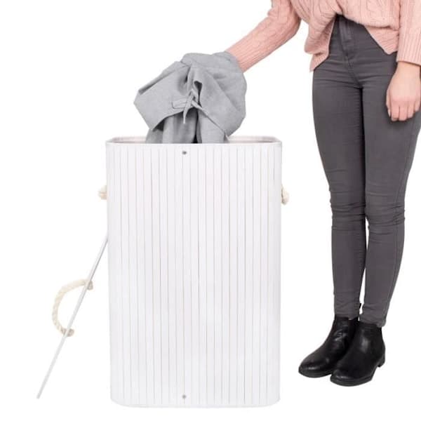 Laundry Basket - SPRINGOS - 72L - Natural Bamboo - White - Modern Scandinavian Style White