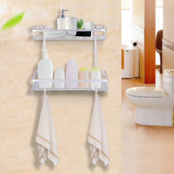 Double Layer Aluminum Wall Mounted Storage Shelf with 2 Hanging Hooks Bathroom