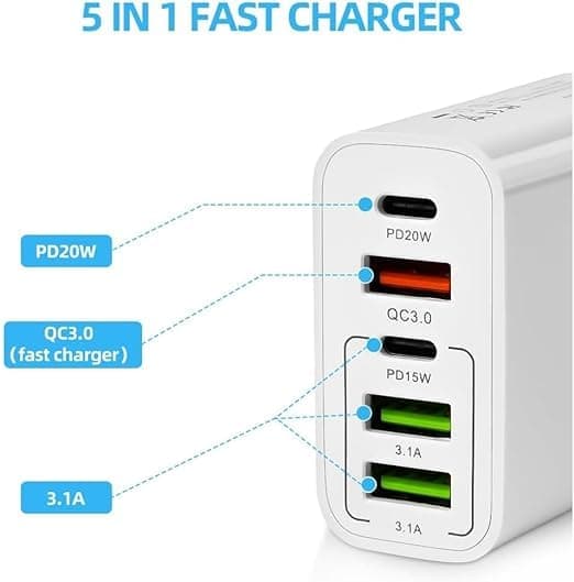 Multilader 65W 5 USB-porter QC3.0 USB C PD 20W-adapter for alle mobiltelefoner Rask sikker lading