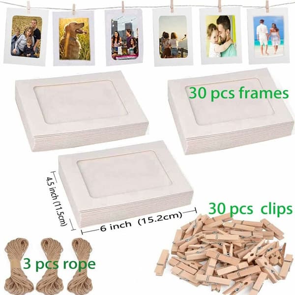 30-pack DIY pappersbildramar med träklämmor och kartongsnöre för heminredning (vit) KLB