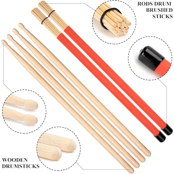 Classic Drum Set, 4 Pairs Maple Drumsticks, Wire Brush and Plug Drums with Storage Bag