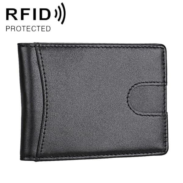 Musta aito nahkalompakko RFID-suojauksella ja seteliklipsillä