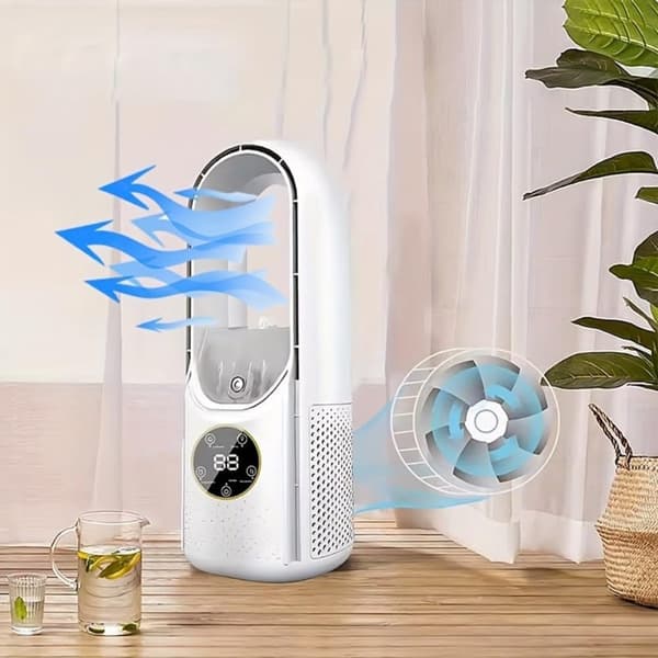 Mobil luftkøler - Ventilator - Tårnmodel - Bladløs ventilator - Energieffektiv luftkøler - Bladløs bordventilator med LED-belysning - Indbygget