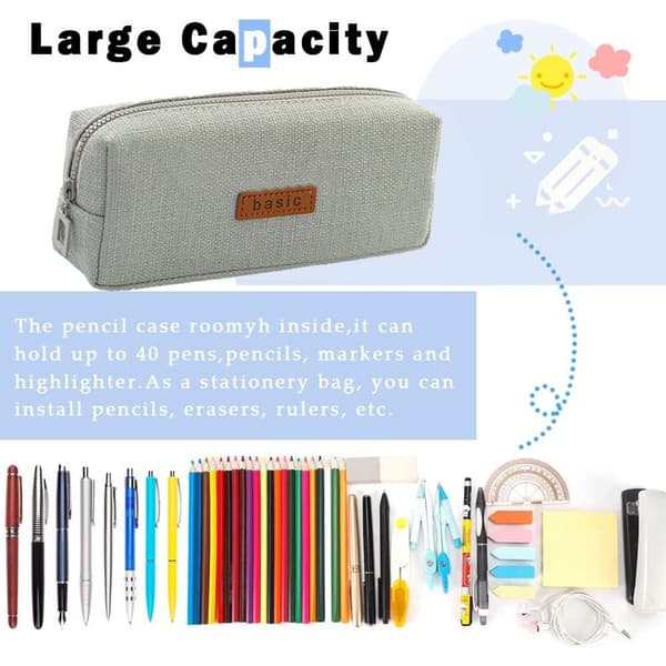 Linen Zipper Pencil Case, Large Capacity, Dark Blue KLB