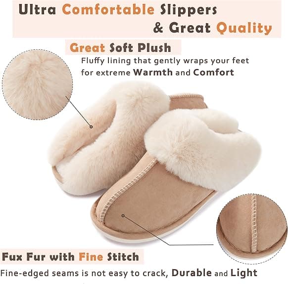 Memory Foam Dametøfler, Fluffy (Tan, Stor) Bløde Varme Skridsikre