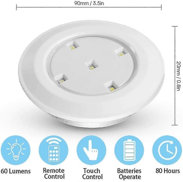 Wireless LED Puck Lights with Remote Control, Battery Operated Lights for Night Light Under Cabinet Lighting, Dimmable Wardrobe Light, Touch Light, Self-Adhesive