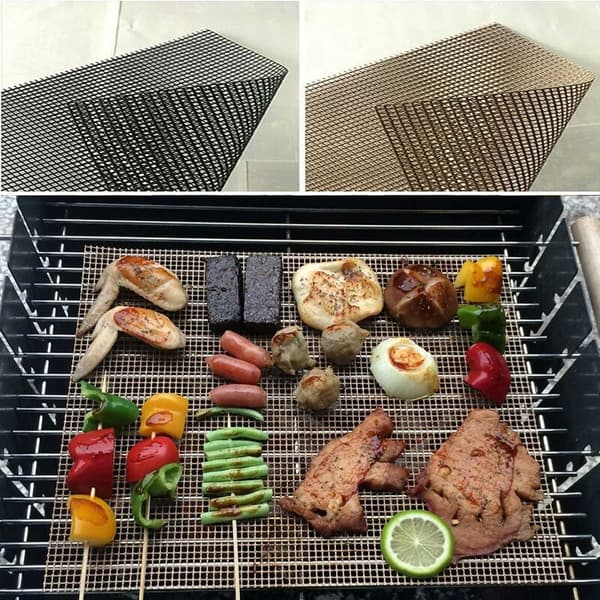 Grillmåtte, 5 gitter grillmåtte, genanvendeligt non-stick grilltilbehør til madlavning, 40 x 33 cm (sort + brun), Sunny