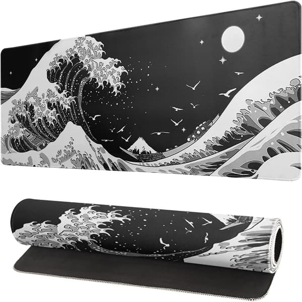 Black Ocean Wave Mouse Pad Abstract Black Gaming Mouse Pad 80x30 cm Ocean Wave Texture Non-Slip Rubber Base Wave Large Mouse Pad Stitched Edges