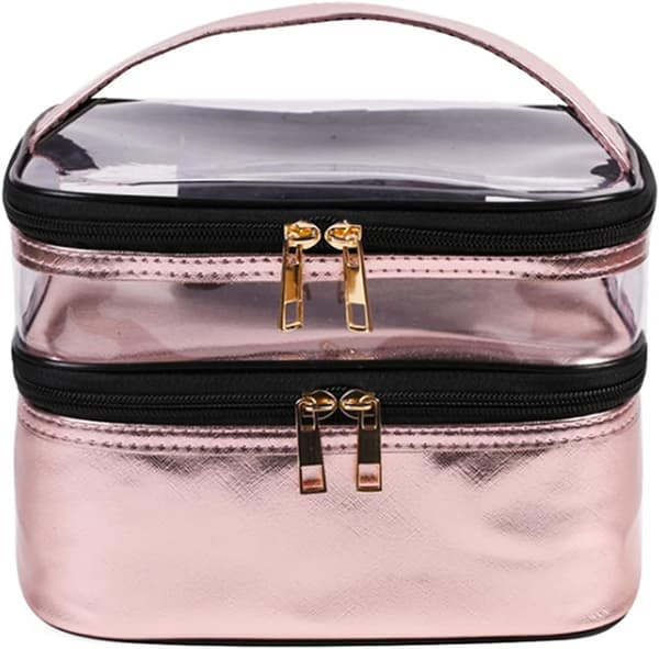 Portable Double-Layer Makeup Bag Waterproof Cosmetic Bag Large Capacity Travel Case with Brush Compartment