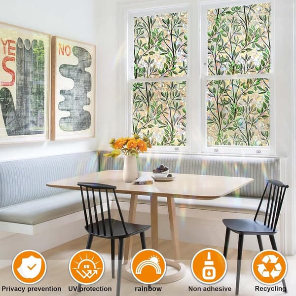 Stained Glass Window Film Static Cling, Removable Reusable Leaf Pattern for Home, Bathroom, Kitchen, 44.5 x 200 cm Green