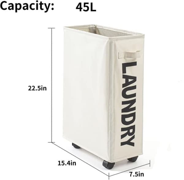 Rolling Slim Laundry Basket with Lid, Foldable Clothes Storage with Wheels for Home and Corner