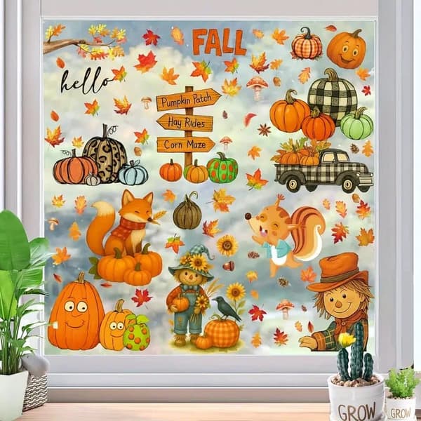 9-pack Self-Adhesive Window Film/Window Decals Halloween Autumn Decoration – Pumpkins, Maple Leaves, Tractor