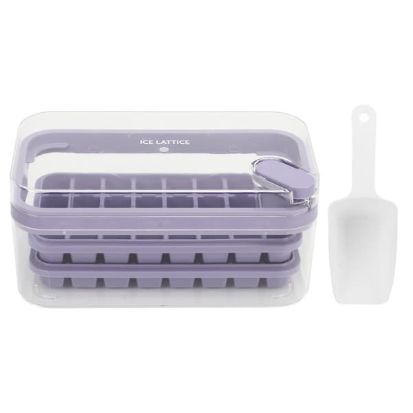 Ice Cube Tray 32 Compartments Double Layer Easy Release Ice Maker Mold with Container Lid for Cocktail Whiskey Coffee Purple