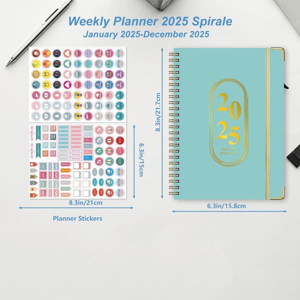 2025 Weekly Planner A5 Size 21x15cm Daily Overview 1 Week 2 Pages Total Includes Bookmarks And Stickers Sky Blue Design