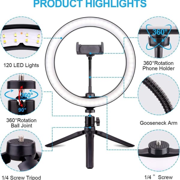10-inch Selfie Ring Light with Tripod, Dimmable LED Desk Lamp, Camera Ring Light with KLB