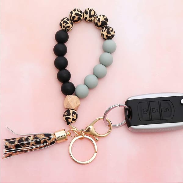 Nøglering Armbånd Armbånd Nøglering Leopard Perlearmbånd Nøglekæder til Kvinder med Læderkvast