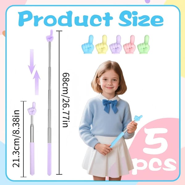 5 Pieces Teacher Pointer, Extendable Hand Finger Pointer for Elementary School Preschool Teacher Supplies Teacher's Day Gift, Extends to 69 cm